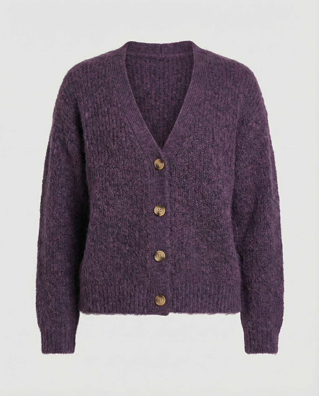 Damen legerer Kurzcardigan mit V-Ausschnitt gebürsteter Strickstruktur und dekorativer Holzknopfleiste R&B