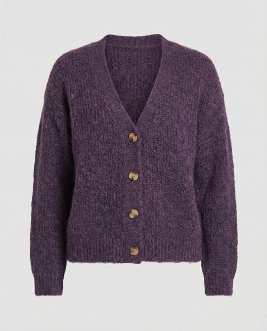 Damen legerer Kurzcardigan mit V-Ausschnitt gebürsteter Strickstruktur und dekorativer Holzknopfleiste R&B