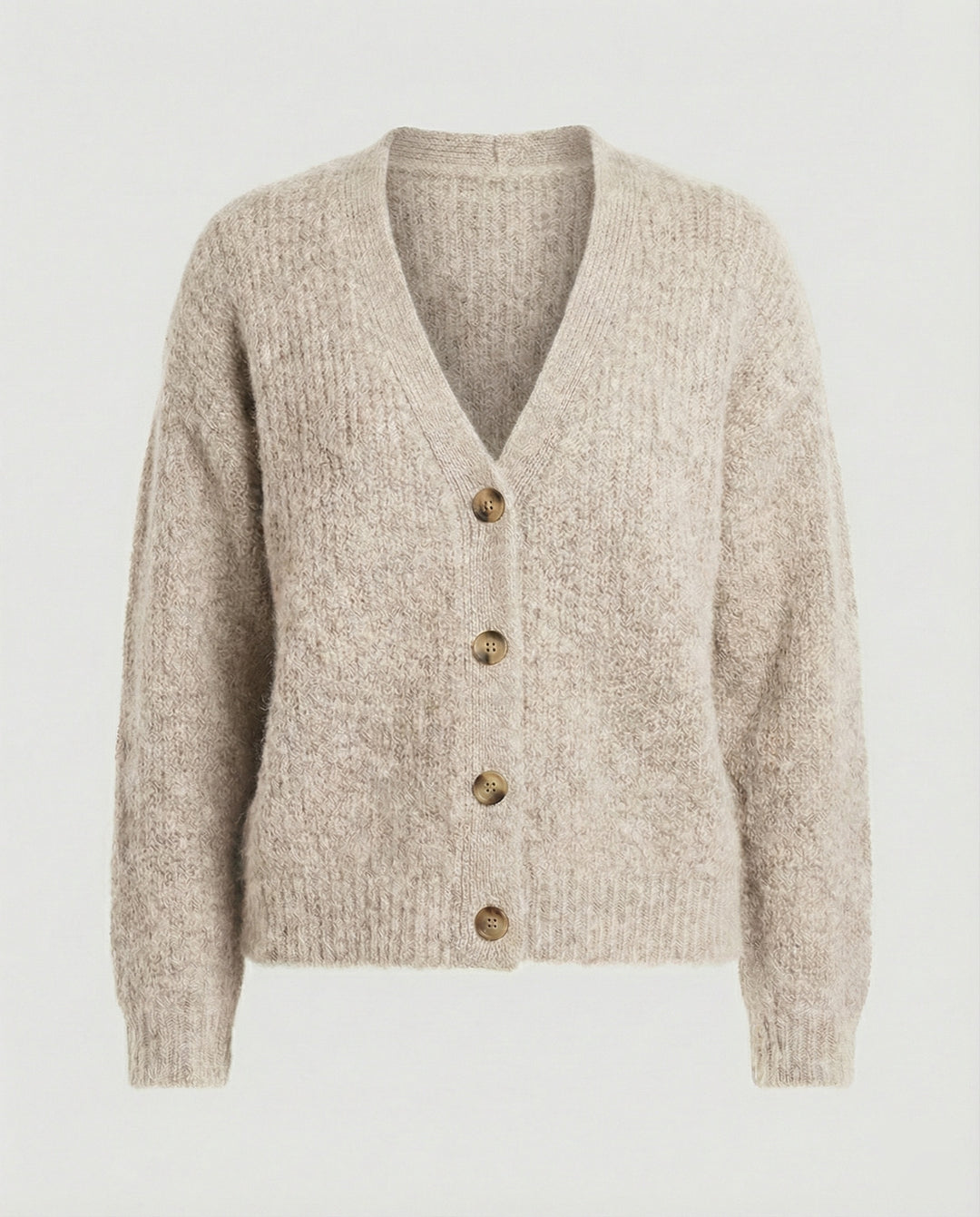 Damen legerer Kurzcardigan mit V-Ausschnitt gebürsteter Strickstruktur und dekorativer Holzknopfleiste R&B
