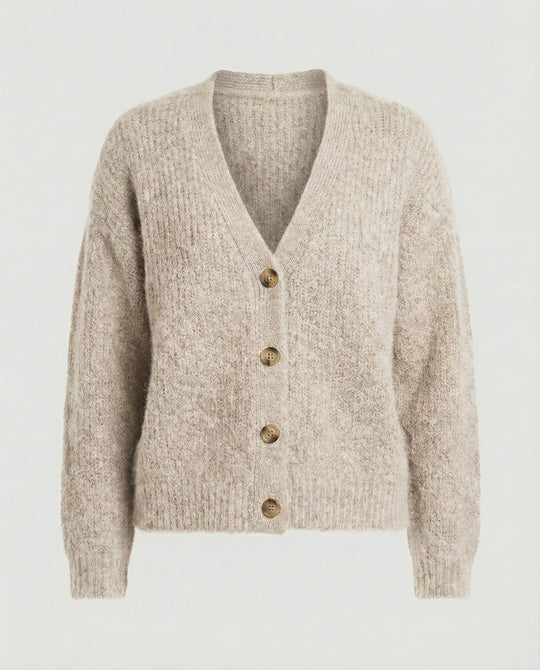 Damen legerer Kurzcardigan mit V-Ausschnitt gebürsteter Strickstruktur und dekorativer Holzknopfleiste R&B
