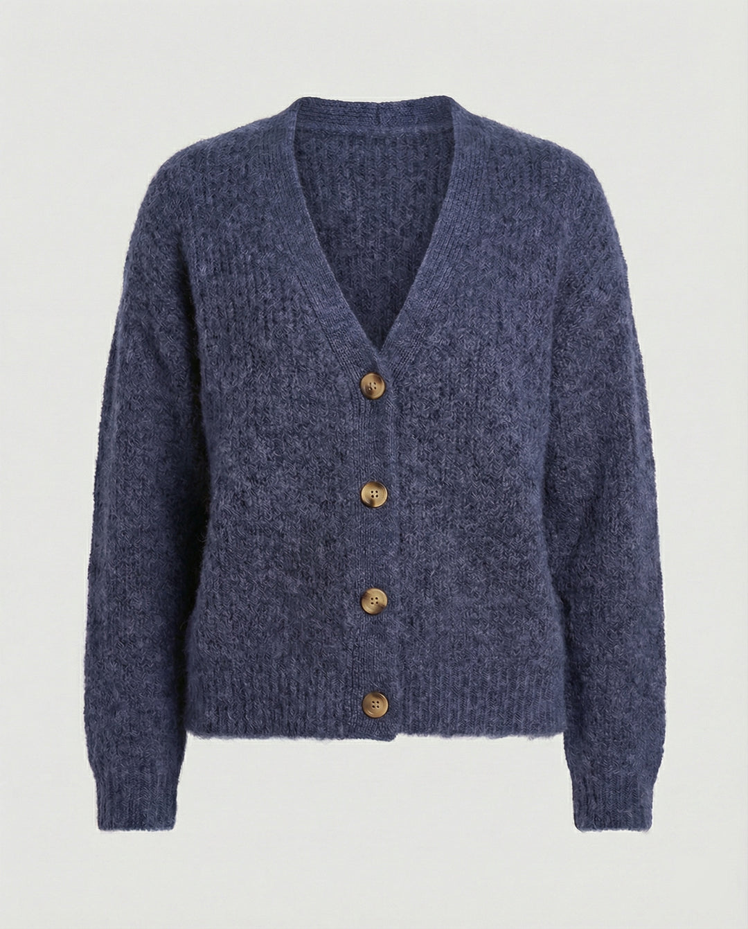 Damen legerer Kurzcardigan mit V-Ausschnitt gebürsteter Strickstruktur und dekorativer Holzknopfleiste R&B