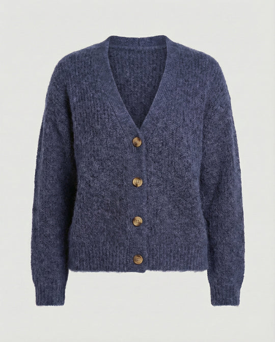 Damen legerer Kurzcardigan mit V-Ausschnitt gebürsteter Strickstruktur und dekorativer Holzknopfleiste R&B