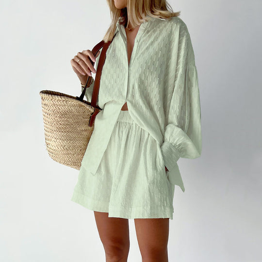 Damen lässiges Hemd-Shorts-Set mit elegantem Webmuster R&B