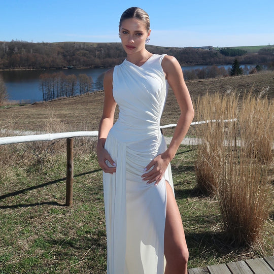 Damen Elegantes langes Kleid mit drapiertem Rock und seitlichem Schlitz R&B