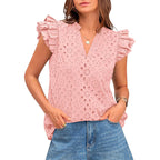 Damen Bluse mit Rüschenärmel und floralem Lochmuster R&B