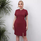 Damen elegantes Kurzarm-Kleid mit seitlichem Schlitz R&B