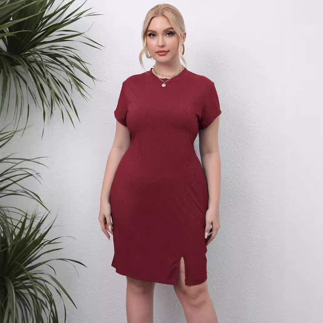 Damen elegantes Kurzarm-Kleid mit seitlichem Schlitz R&B