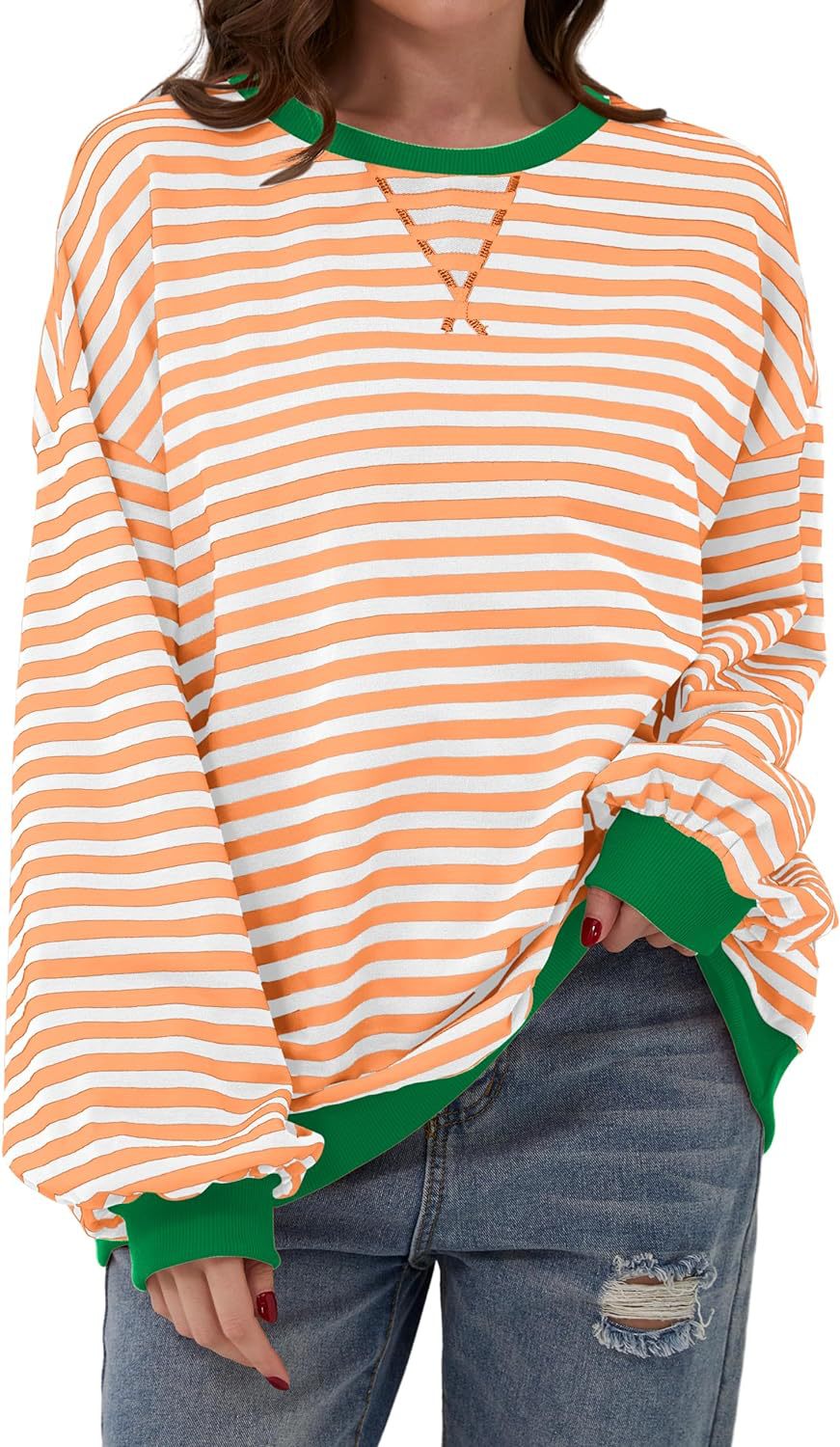 Damen lässiger Oversized Sweatshirt mit bunten Streifen und Kapuzenkordel R&B