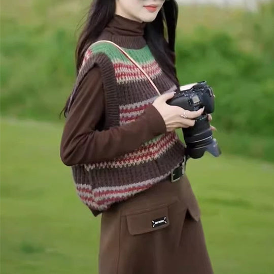 Damen lässiger Strickoversize-Pullover mit buntem Streifenmuster und ärmellosem Design R&B