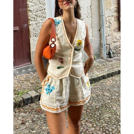 Damen Set aus ärmellosem Blusenkleid und Shorts mit floralem Design R&B