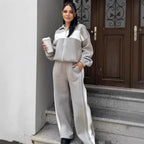 Damen sportliches Fleece-Loungewear-Set mit hohem Kragen undseitlichen Kontraststreifen R&B