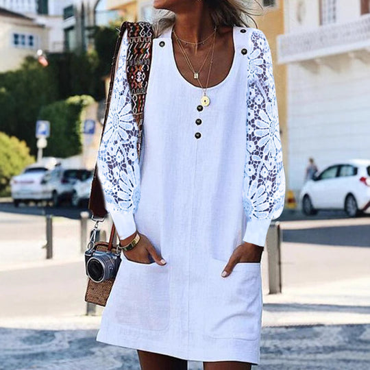 Damen nan lockeres Leinen-Minikleid mit floralen Häkelärmeln, U-Ausschnitt und aufgesetzten Taschen R&B