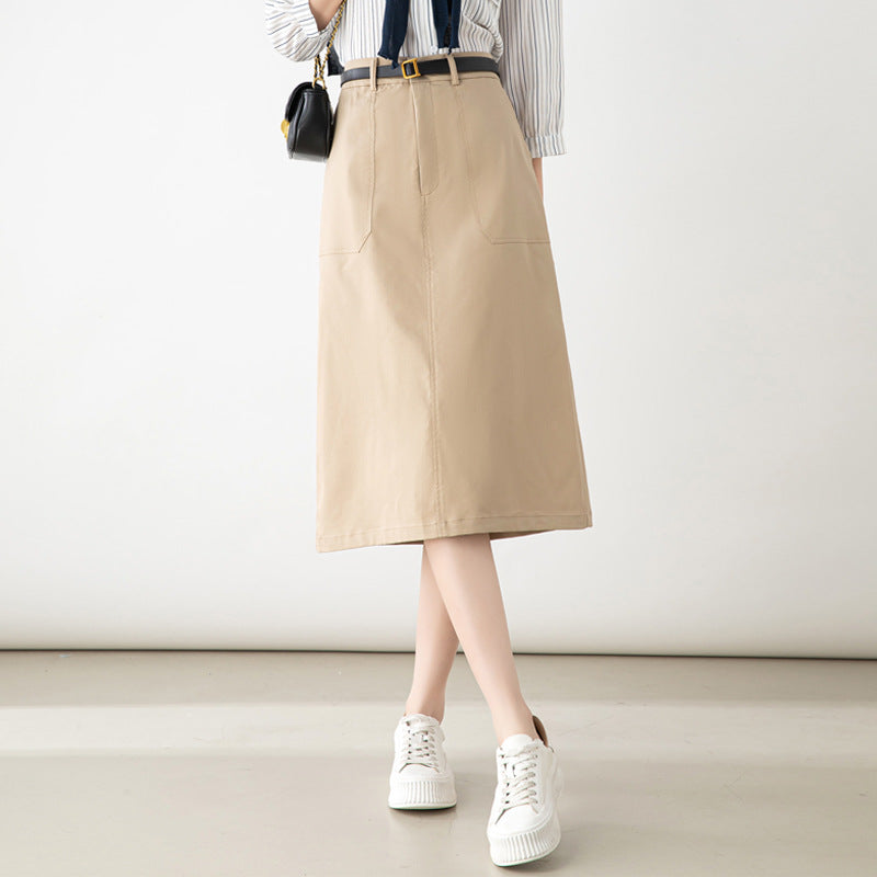 Damen Midi-Rock mit Taschen und Gürtel