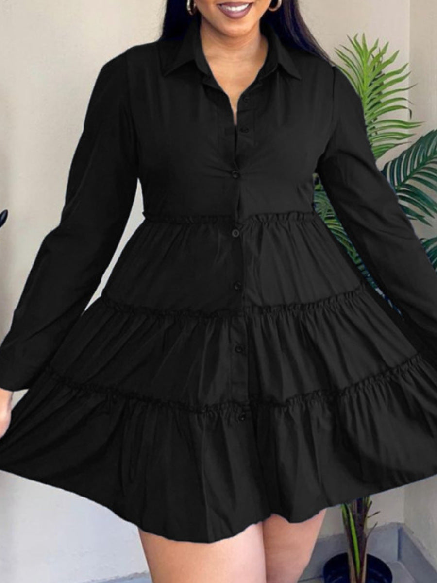 Damen Hemdblusenkleid mit voluminösem Saum und langen Ärmeln