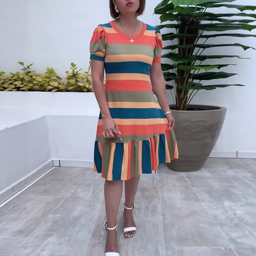 Damen nan gestreiftes Jerseykleid A-Linienschnitt mit kurzem Puffärmel und Volantstufe R&B