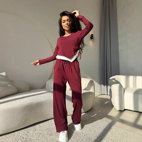 Damen lässiges Freizeit-Set mit Knopfdetails und elastischem Bund R&B