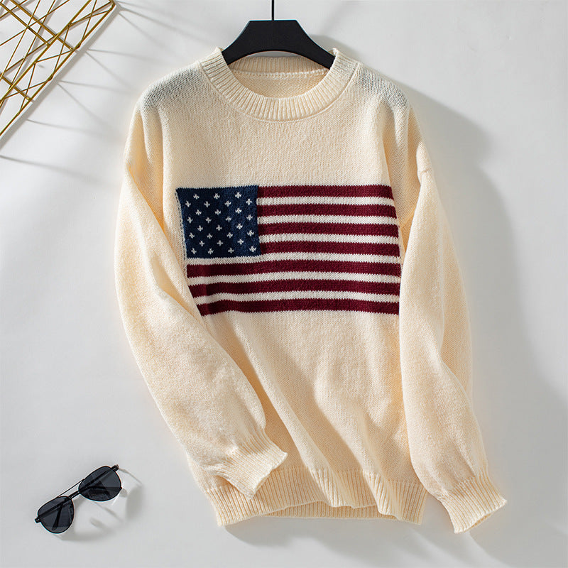 Damen Strickpullover mit Flaggenmotiv und Rundhalsausschnitt R&B