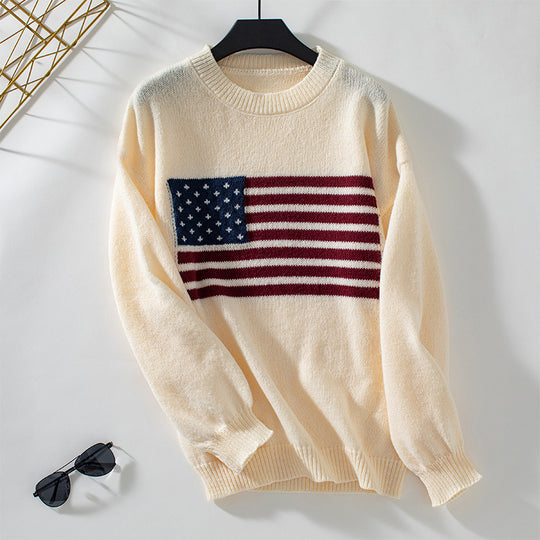 Damen Strickpullover mit Flaggenmotiv und Rundhalsausschnitt R&B