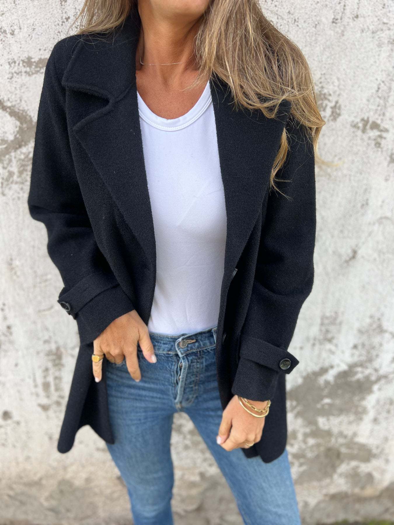 Damen Fleece Mantel mit doppelter Knopfleiste und schickem Reverskragen R&B