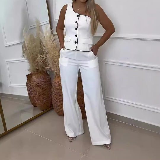 Damen Elegantes Zweiteiliges Outfit mit Schmuckknöpfen und weit geschnittenen Hosen R&B