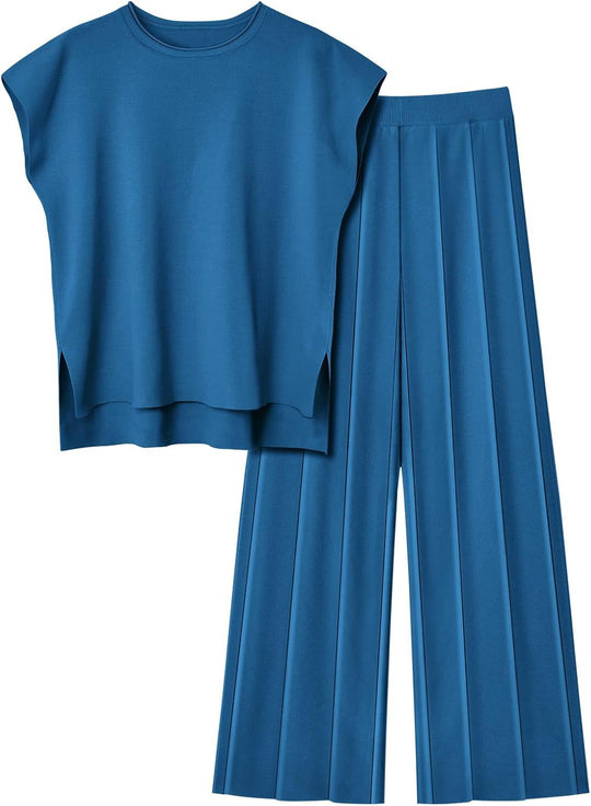 Damen elegantes Set mit kurzärmligem Oberteil und plissierter Hose R&B