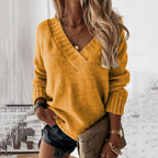 Damen Grobstrickpullover mit V-Ausschnitt und lässigem Schnitt R&B
