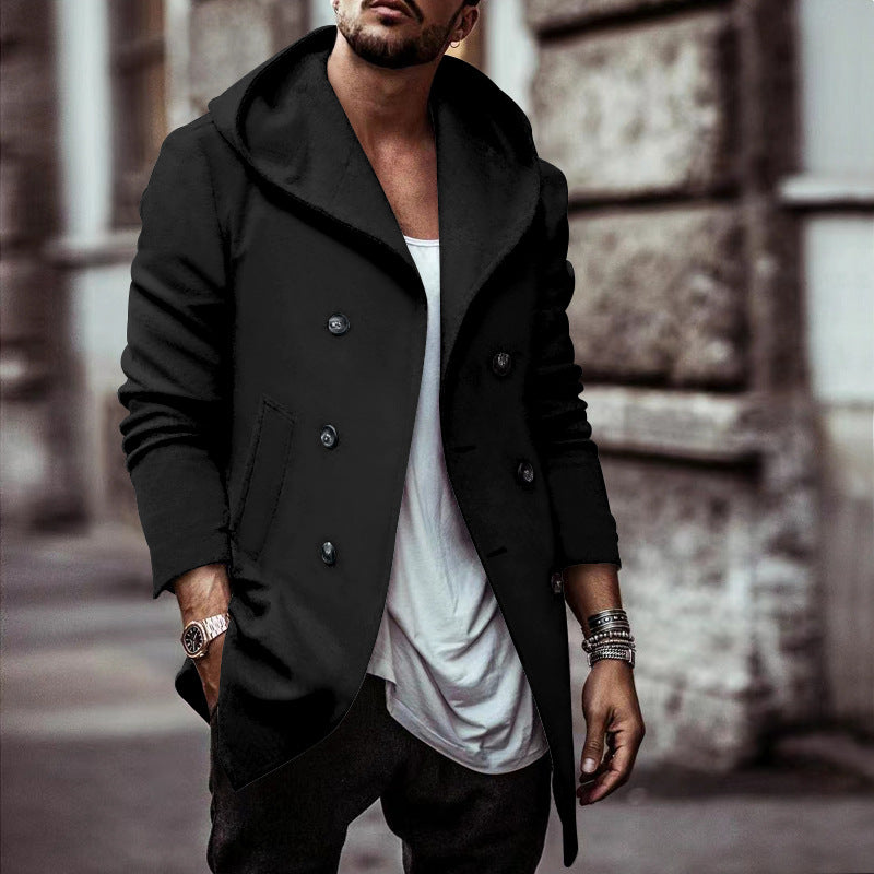 Herren stylischer Hoodie-Mantel mit doppelter Knopfreihe und weitem Kragen R&B
