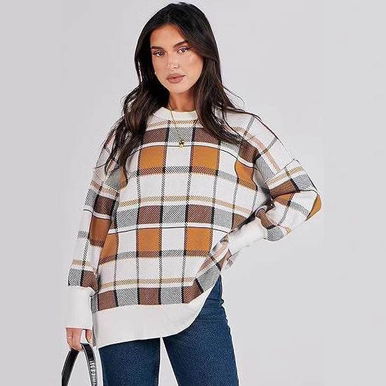 Damen oversized Pullover mit Karomuster und lässigem Schnitt R&B