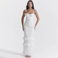 Damen elegantes Spitzen-Maxikleid mit Rüschendetails und schmalen Spaghettiträgern R&B