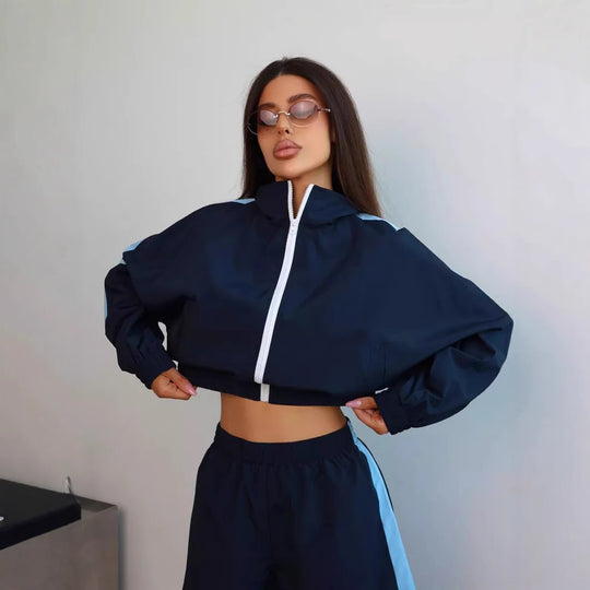 Damen sportliches Windbreaker-Set mit elastischem Bund und stylischen Kontraststreifen R&B