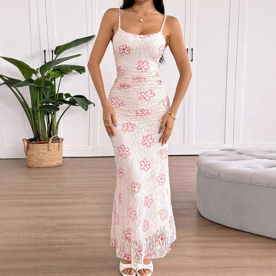 Damen Maxikleid mit floralem Spitzenmuster und verstellbaren Trägern R&B