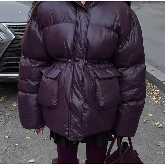 Damen modische oversized Daunenjacke mit Taillengürtel und seitlichen Taschen R&B