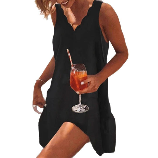 Damen ärmelloses Freizeitkleid mit modischem Wellen-Ausschnitt Heidi-Mode