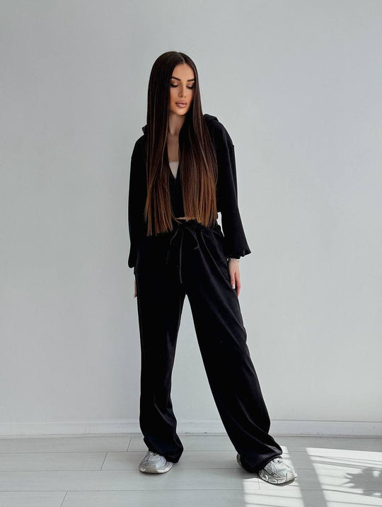 Damen elegantes Velours Lounge-Set mit cropped Oberteil und weitem Hosen R&B