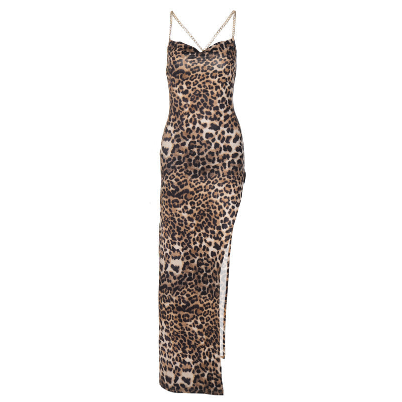 Damen Maxikleid mit verführerischem Leopardenmuster und tiefem Schlitz R&B