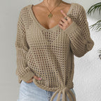Damen luftiger Strickpullover mit V-Ausschnitt und dekorativem Knoten R&B