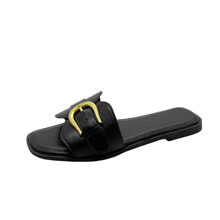 Damen elegante Riemchen-Pantoletten mit goldener Schnallenverzierung R&B