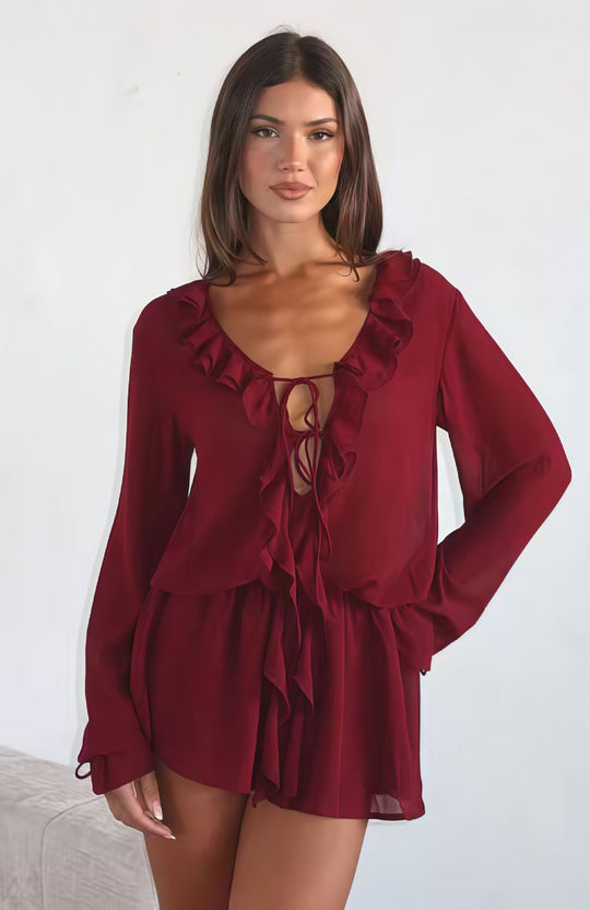 Damen Chiffonbluse mit eleganter Rüschendekoration und tiefem V-Ausschnitt R&B