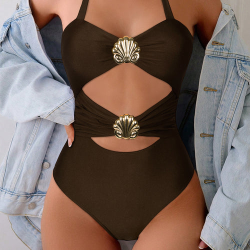 Damen Hochwertiger Einteiler Badeanzug mit stilvollem Wickeldesign und dekorativem Muschel-Detail R&B