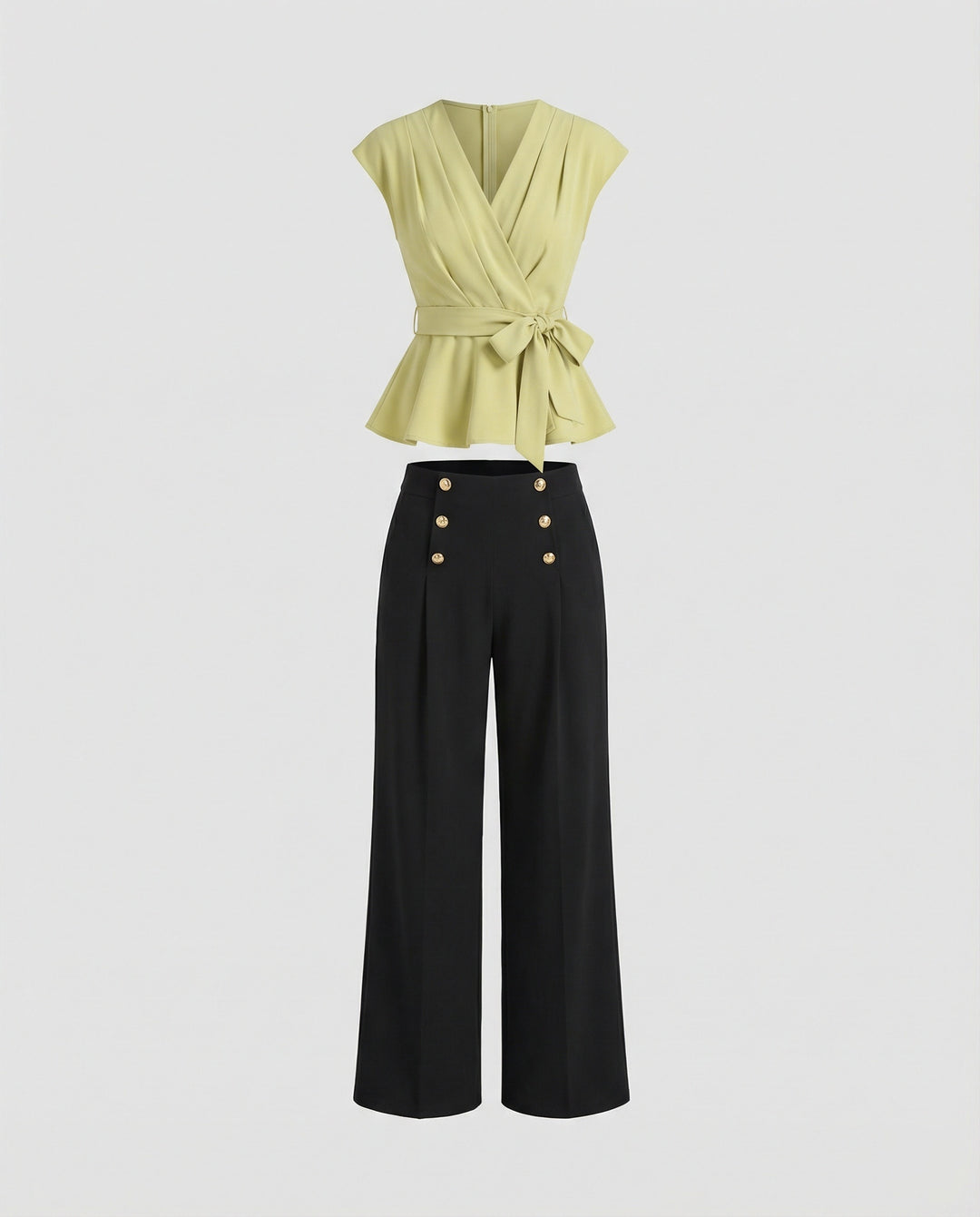 Damen Mode elegantes zweiteiliges Büro-Ensemble Wickelbluse mit Taillengürtel und weiter Marlenehose R&B