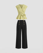 Damen Mode elegantes zweiteiliges Büro-Ensemble Wickelbluse mit Taillengürtel und weiter Marlenehose R&B