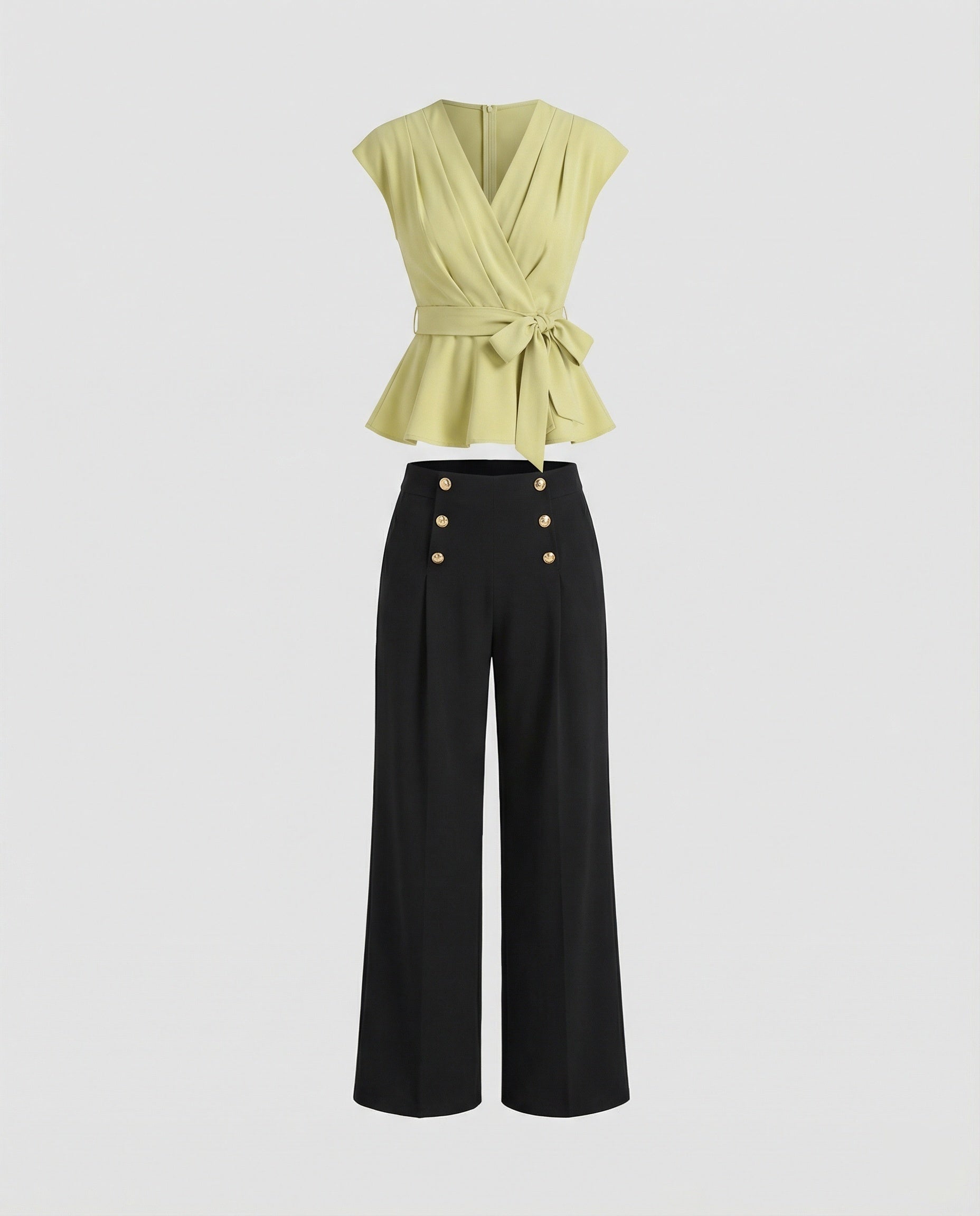 Damen Mode elegantes zweiteiliges Büro-Ensemble Wickelbluse mit Taillengürtel und weiter Marlenehose R&B