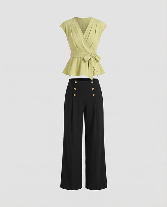 Damen Mode elegantes zweiteiliges Büro-Ensemble Wickelbluse mit Taillengürtel und weiter Marlenehose R&B