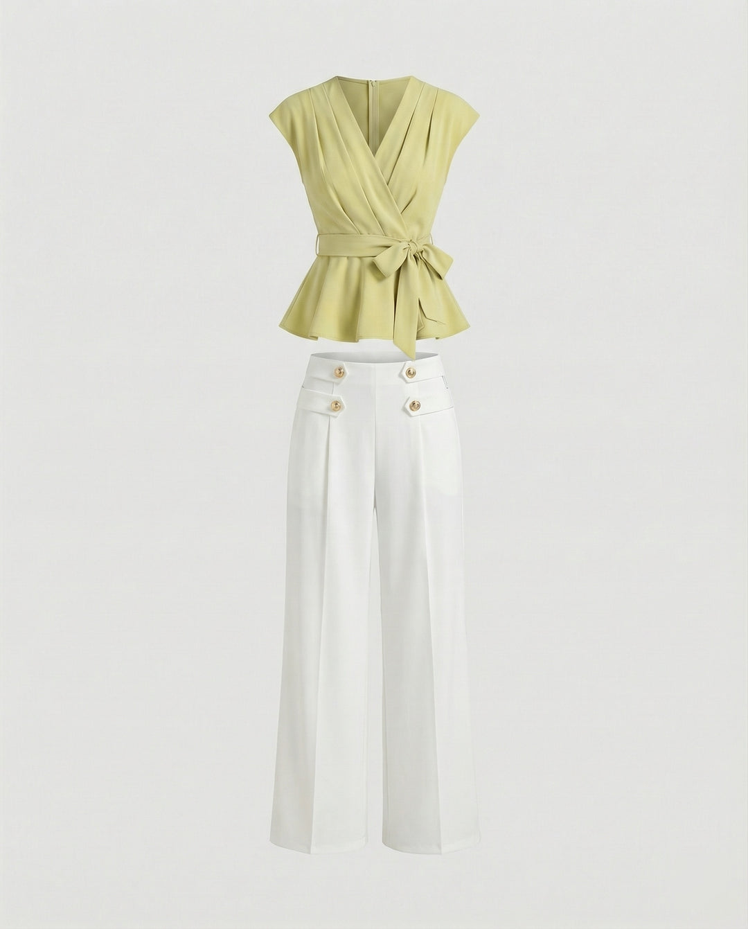 Damen Mode elegantes zweiteiliges Büro-Ensemble Wickelbluse mit Taillengürtel und weiter Marlenehose R&B