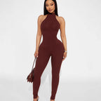 Damen figurbetonter Jumpsuit mit hohem Kragen und Rippstruktur R&B