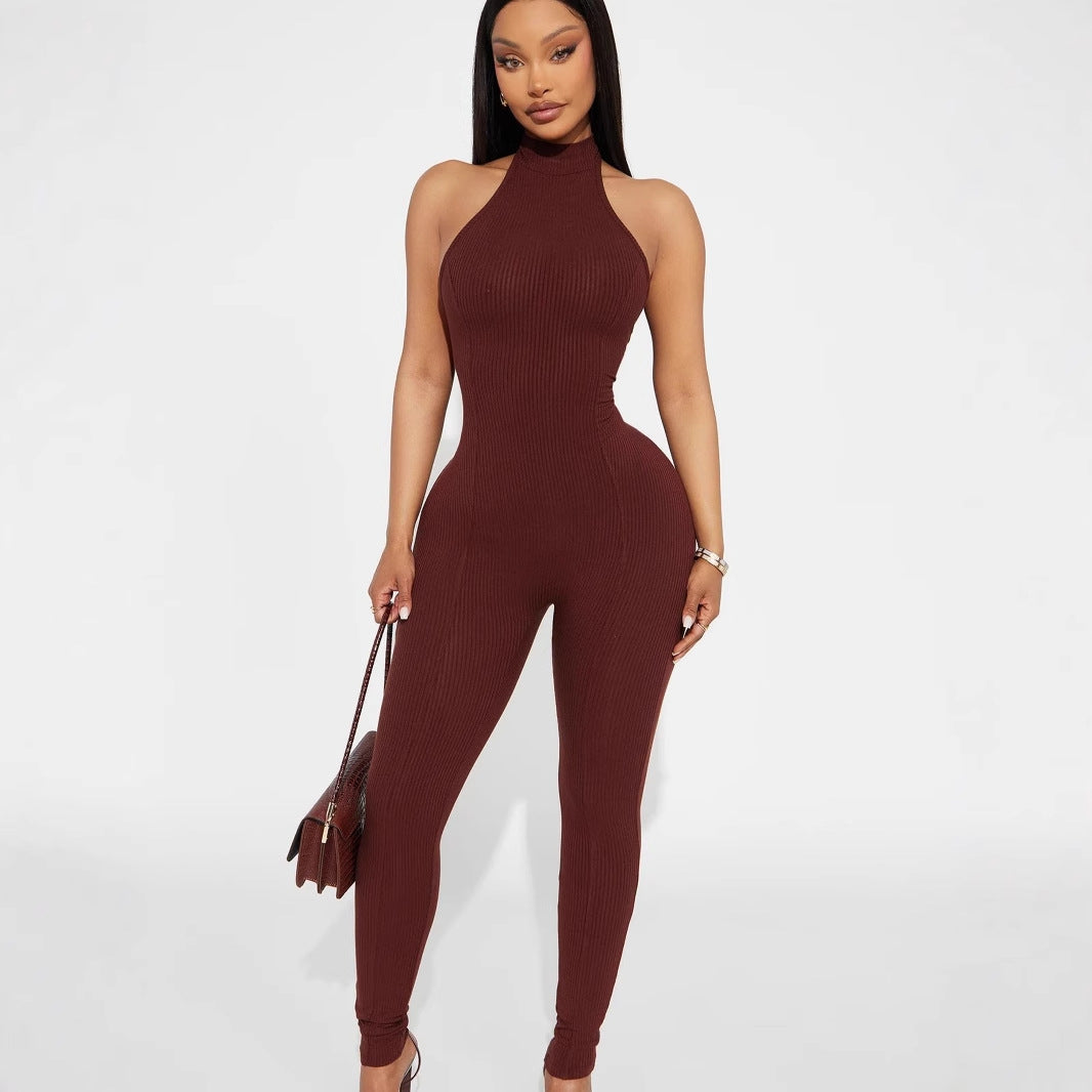 Damen figurbetonter Jumpsuit mit hohem Kragen und Rippstruktur R&B