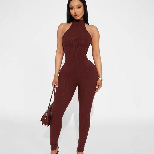Damen figurbetonter Jumpsuit mit hohem Kragen und Rippstruktur R&B