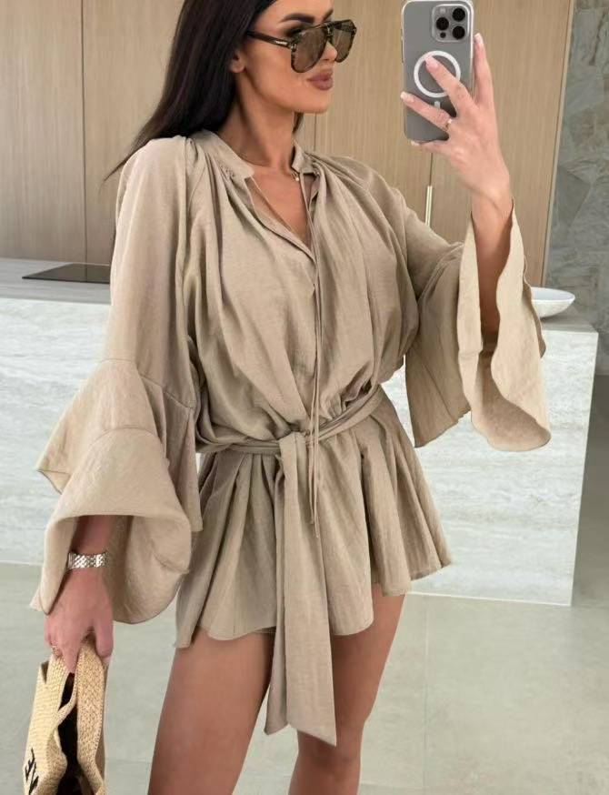 Damen lässiges Kaftan-Kleid mit voluminösen Ärmeln und Taillengürtel R&B