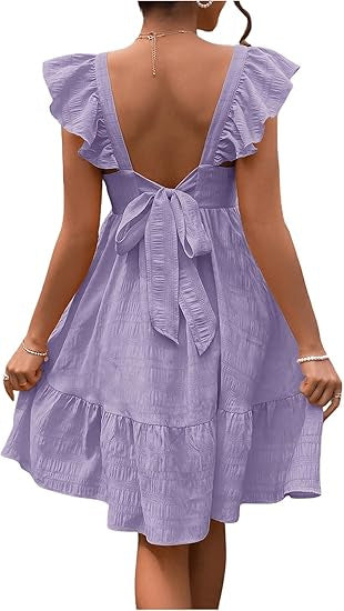 Damen luftiges Baumwollkleid mit Rüschendetails und offenen Rücken R&B