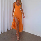 Damen Maxikleid mit tiefem V-Ausschnitt und asymmetrischem Rüschensaum R&B